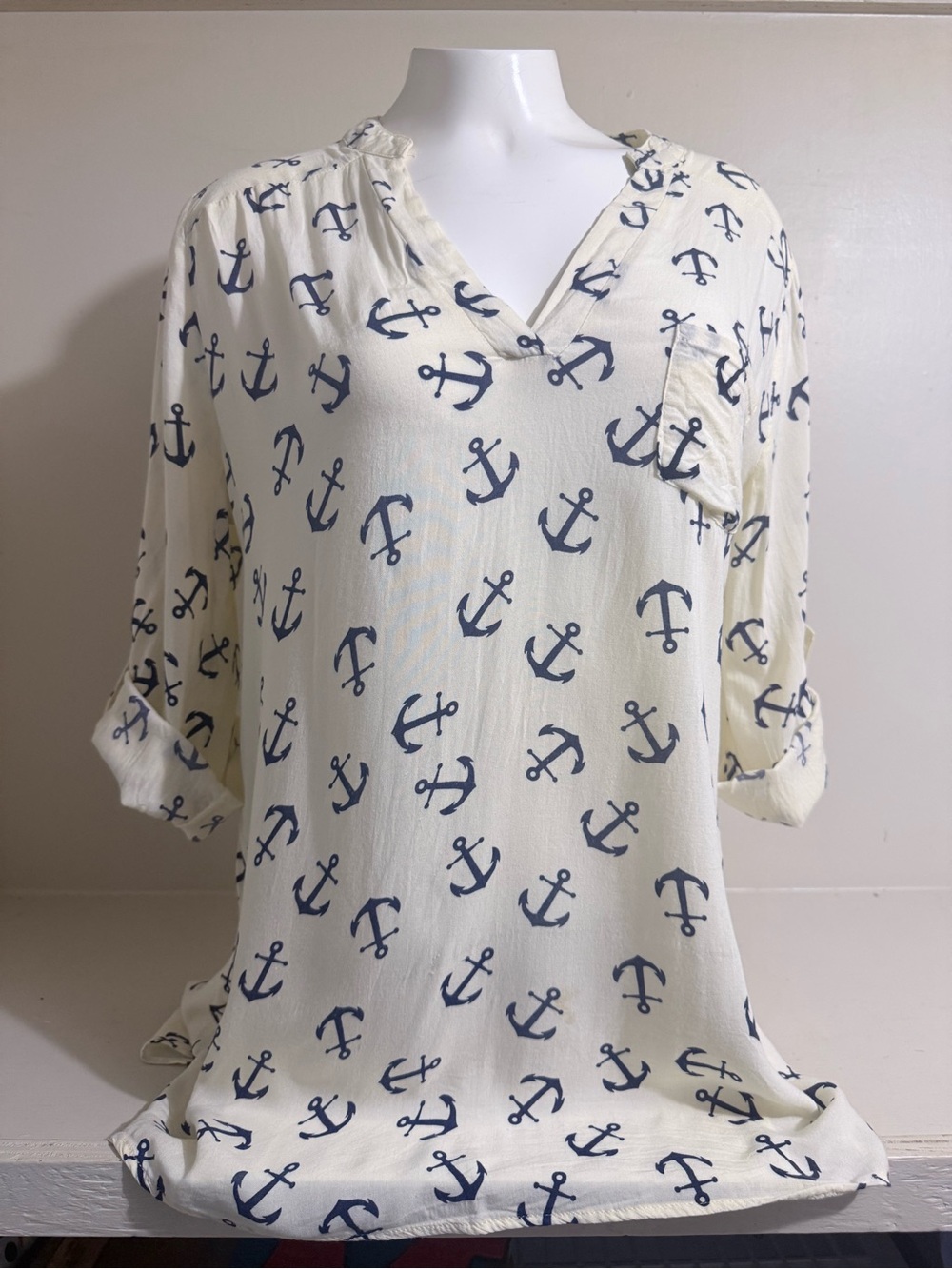 Rue21 Cream Tunic Top with Navy Anchor Print